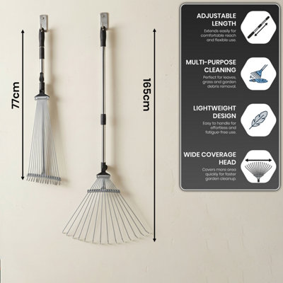 Garden Leaf Rake with Telescopic Handle Adjustable Length 15 Tine ...