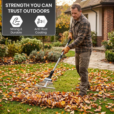 Garden Leaf Rake with Telescopic Handle Adjustable Length 15 Tine ...