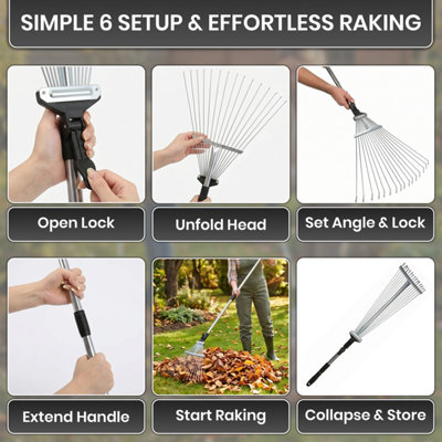 Garden Leaf Rake with Telescopic Handle Adjustable Length 15 Tine ...