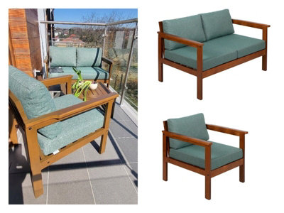 Garden Lounge Set 2 Seat Sofa Armchair Chair Wooden Furniture Green Cushion Cozy