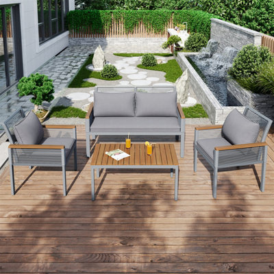 Garden Lounge Set, Garden Furniture Set with Comfortable Cushions, Double Sofa, 2 Armchairs and Table, Table and Chairs, Grey