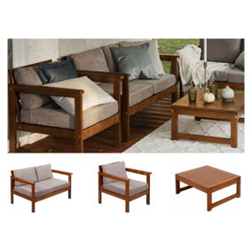 Garden Lounge Set Sofa Armchair Chair Table Wooden Furniture Beige Cushion Cozy