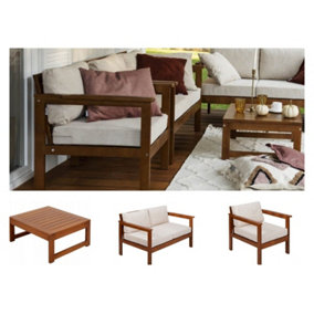 Garden Lounge Set Sofa Armchair Chair Table Wooden Furniture Cream Cushion Cozy