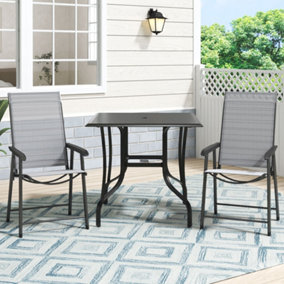 Garden Metal Slatted Coffee Table Square Outdoor Black Table with Two Foldable Grey Chairs
