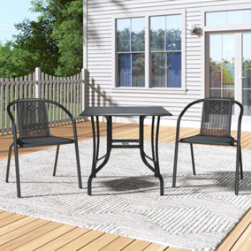 Garden Metal Slatted Coffee Table Square Table with Two Rattan Chairs in Black