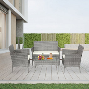 Garden Outdoor 4 Seater Grey Rattan Garden Sofa Set With Cushions & Coffee Table