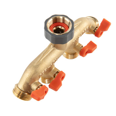 thumbnail image 2 of Expert Gardener Heavy-Duty Brass 4-Way Shut-Off Manifold Hose Connector – USA Made 2 of 6