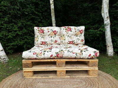 Garden Outdoor Pallet Cushion Set EURO Sofa Floral Cream Tufted Seat Back Pads DIY at B Q