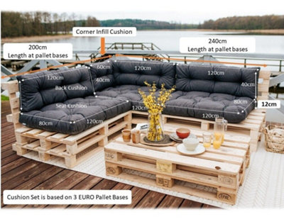 Garden Outdoor Pallet Cushions EURO Corner Sofa 200x240 Grey Tufted Quilted Pads