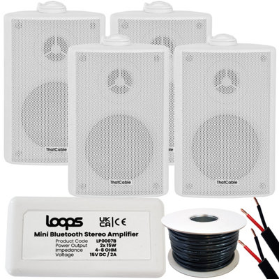 Garden Party BBQ Outdoor Speaker Kit Wireless Mini Stereo Amp & 4 White Speakers