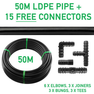 Garden/Patio Watering Irrigation Pipe,50m ldpe 13/16mm Water Supply Pipe with 15 Free Matching CONNECTORS