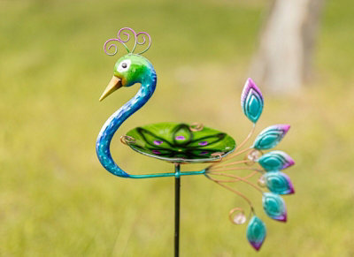 Garden Peacock Glass Bird Bath Feeder Stake