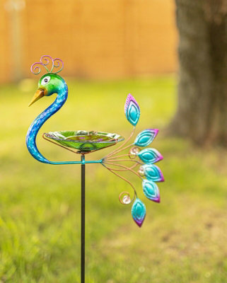 Garden Peacock Glass Bird Bath Feeder Stake - 6