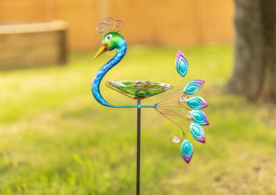 Garden Peacock Glass Bird Bath Feeder Stake - 7