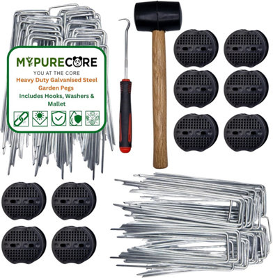 Garden Pegs with Rubber Mallet - 50 Pack Heavy Duty Galvanised Steel U-Shaped Ground Staples this Includes Hooks, Washers & Mallet