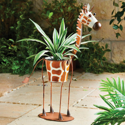 Garden Planter with Giraffe Design, Hand-Painted Plant Pot for Flowers & Herbs, Fun Garden Decor 65.5x14x31cm