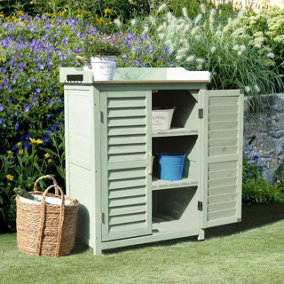 Garden Potting Station Cabinet with Louvre Doors, Shelves & Hooks - Outdoor Wooden Storage Unit for Pots, Compost, Tools - Green