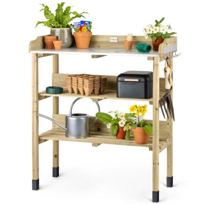 Garden Potting Table Bench Outdoor Wooden Metal Top Shelves Hooks Christow