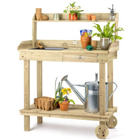 Garden Potting Table Bench Outdoor Wooden Workstation Wheels Tray Christow