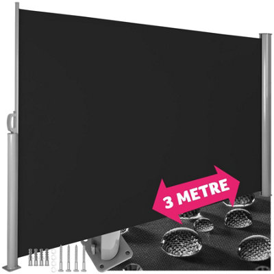 Garden Privacy Screen with retractable side awning and aluminium casing 200 x 300 cm - black