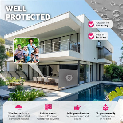 Garden Privacy Screen with retractable side awning and aluminium casing 200 x 300 cm - grey