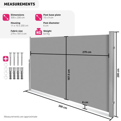 Garden Privacy Screen with retractable side awning and aluminium casing 200 x 300 cm - grey