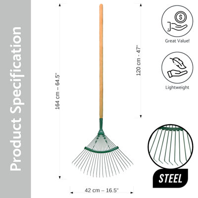 Garden Rake - 42 cm / 18 Tine Wide Rake with 120cm Long Handle ...