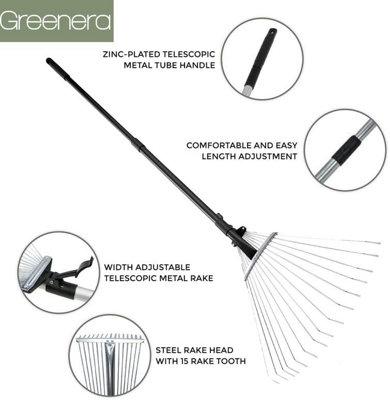 Garden Rake 80-152 cm Adjustable & Telescopic for Leaves Soil Artificial Grass