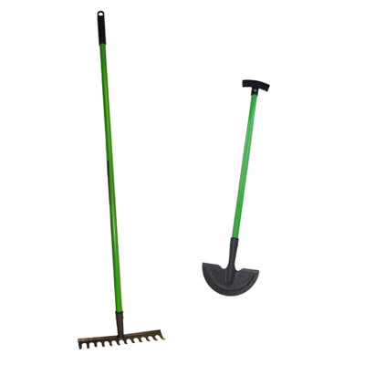 2-Piece Garden Tool Set - Steel Rake & Lawn Border Edger, Carbon Steel Heads, Long Handles