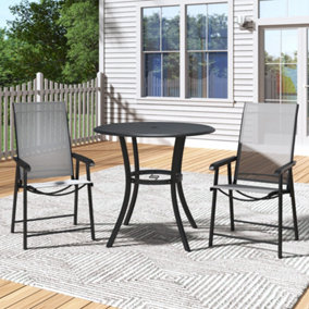 Garden Round Table Metal Slatted Coffee Table with Two Foldable Chairs in Black