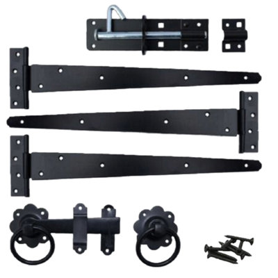Garden Side Gate Fixing Kit 3x 12" T Hinges Ring Latch Brenton Bolt Set BLACK