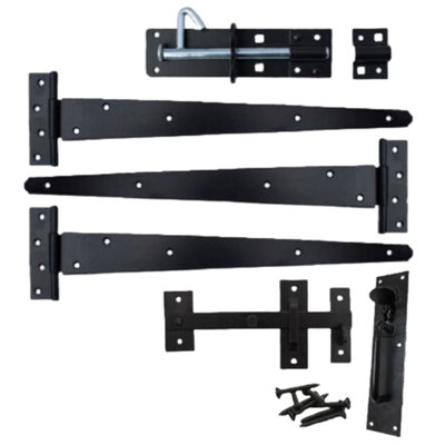 Garden Side Gate Fixing Kit 3x 12" T Hinges Suffolk Latch Brenton Bolt Set BLACK