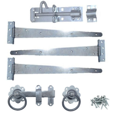 Garden Side Gate Fixing Kit 3x 14" T Hinges Ring Latch Brenton Bolt Set ZINC