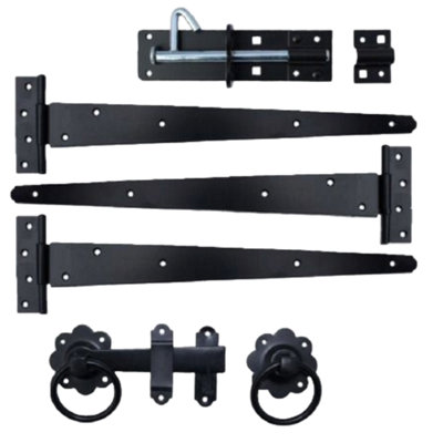 Garden Side Gate Fixing Kit 3x 18" T Hinges Ring Latch Brenton Bolt Set BLACK