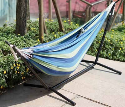 Garden Single Cotton Hammock Outdoor Swing with Space Saving Metal Stand Frame - 3