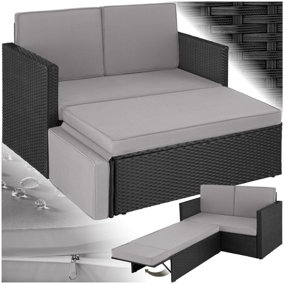 Garden Sofa Corfu - 2 seater sofa, stool sun lounger, thick cushions - black/grey