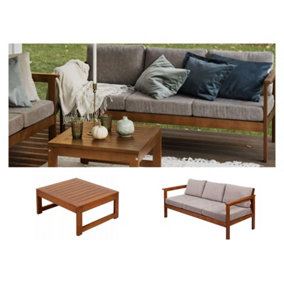 Garden Sofa Set 3 Seater & Table Wooden Outdoor Furniture Beige Cushion Cozy