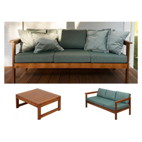 Garden Sofa Set 3 Seater & Table Wooden Outdoor Furniture Green Cushion Cozy
