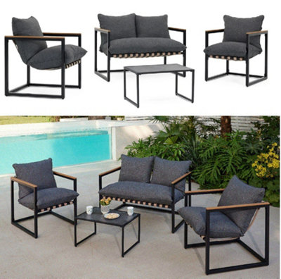 Garden Sofa Set Lounge Outdoor 2 Seater Sofa Chairs Coffee Table Grey Cushions 4 Seater Black Furniture - Porto