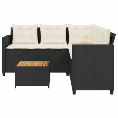 Patio Sofa with Table and Cushions L-Shaped Black Poly Rattan
