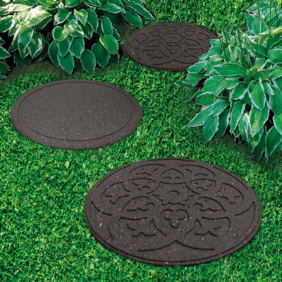 Garden Stepping Stones Ornamental Path Eco Friendly Weatherproof Recycled Rubber with Scroll Design (1 Stone, Grey)