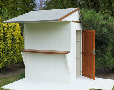 A garden timber bar with a shelf on the front, a pitched roof, and a door on the side to access the storage area.