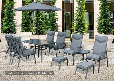 Garden Store Direct Candosa 11 Piece Garden Furniture Set Table Chairs Foot Stools & Parasol - Grey