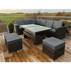 Garden Store Direct Soho Garden Corner Sofa / Dining Set Grey Rattan with Dark Grey Cushions Adjustable Table