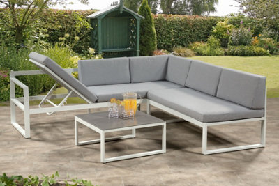 Garden Store Direct Sydney White Aluminium Large Corner Lounge Set with Built in Sun Lounger and Coffee Table