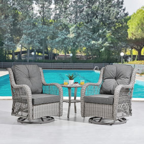 Garden Swivel Chair Set of 2 Side Table Cushions Wicker Style  in Grey for Indoor and Outdoor Use
