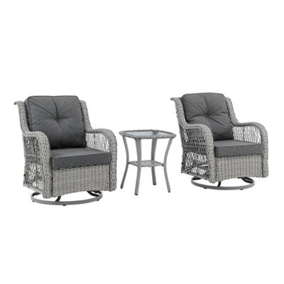 Garden Swivel Chair Set of 2 Side Table Cushions Wicker Style  in Grey for Indoor and Outdoor Use