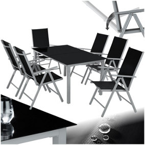 Garden Table and Chairs - aluminium frame, for 6 people, adjustable backrests, safety glass table - silver