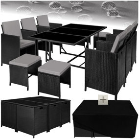 Garden Table and Chairs Malaga - 10 seats with cushions, dining table, rain cover - black/grey