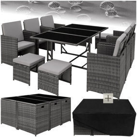 Garden Table and Chairs Malaga - 10 seats with cushions, dining table, rain cover - grey